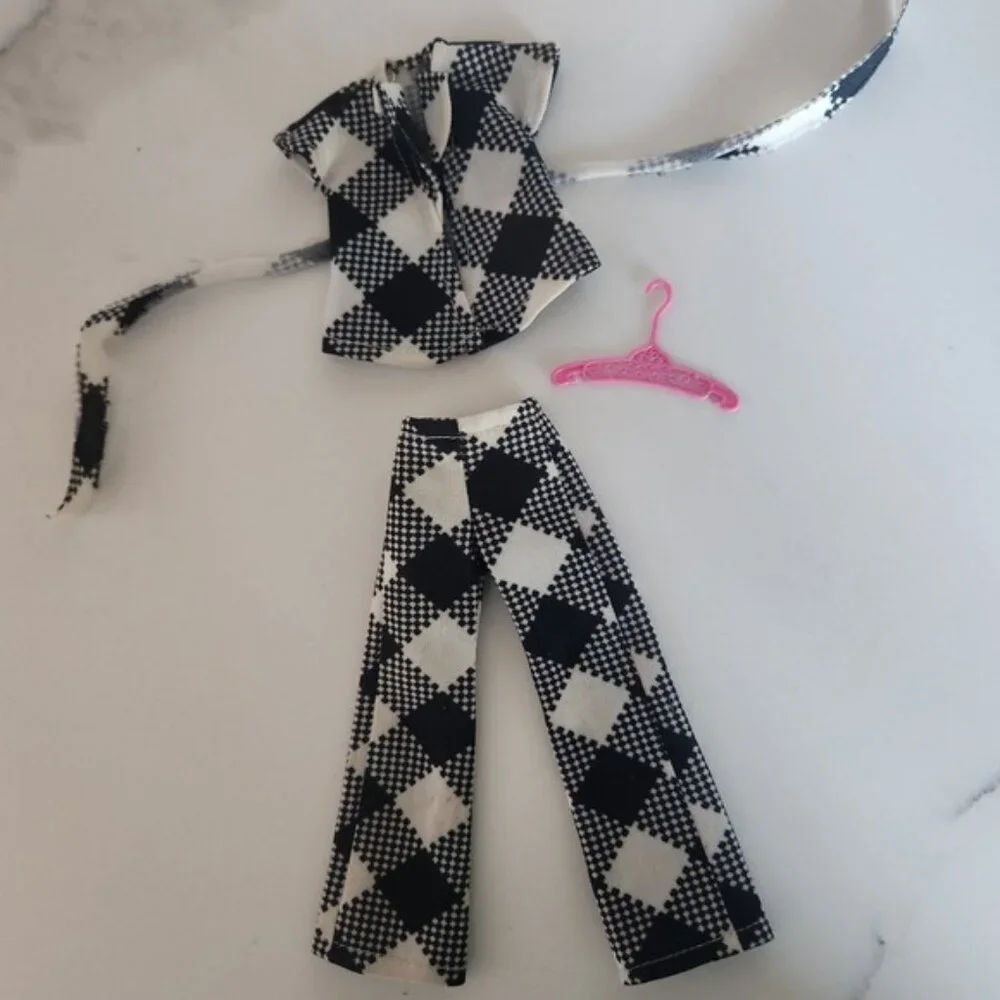 Doll Clothes 1970s handmade Gingham Bell Bottom Pants Top Outfit‎